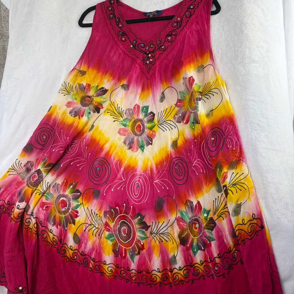 Riviera Sun Maxi Dress Womens 3X Pink Tie Dye Good Sequin Embroidered 21507XX